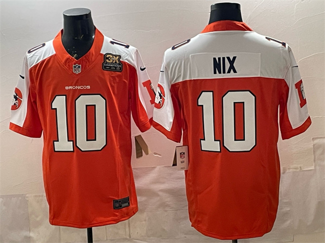 Men's Denver Broncos #10 Bo Nix Orange 2024 F.U.S.E. With 3-Time Champions Patch Throwback Vapor Limited Alternate Stitched Football Jersey